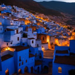 chefchaouen, morocco - paint the blue city of chefchaouen, where narrow streets are bathed in the soft glow of lanterns, creating an enchanting atmosphere. 