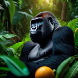Cute Gorilla Enjoying Fruits in a Lush African Forest 8k, cinematic, vivid colors