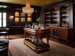 In the bar room, American Colonial interior design includes a classic bar cart, traditional bar stools, and tasteful decor that create a warm environment for socializing and celebration.  