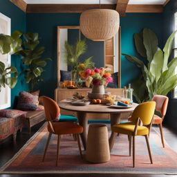 bohemian dining room with colorful textiles and eclectic decor. 