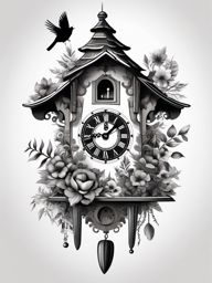 Cuckoo clock design: Whimsical and charming, echoing the sounds of nature.  black white tattoo, white background