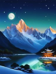 jade dragon snow mountain - capture the serene night painting of jade dragon snow mountain, where snow-capped peaks and alpine meadows shimmer under a starry sky. 