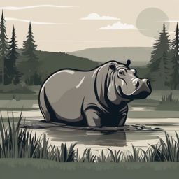 Hippopotamus Clipart - Hippopotamus wallowing in a muddy swamp , minimal, 2d