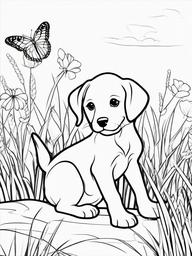 Puppy and Butterfly Coloring Pages - Curious Puppy Watching a Butterfly  minimal black outline printable sheet, coloring page