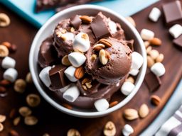 rocky road ice cream with chocolate, marshmallows, and nuts. 