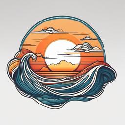 Waves and Sunset Tattoo - Showcase the beauty of nature with a tattoo featuring waves and a sunset.  simple vector color tattoo,minimal,white background