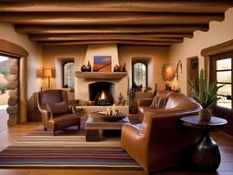 Southwestern living room with adobe walls, wooden beams, and leather furniture brings in warmth and natural earthy elements.  