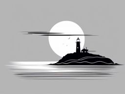 Boat and lighthouse on the horizon ink. Guided by the light.  minimalist black white tattoo style