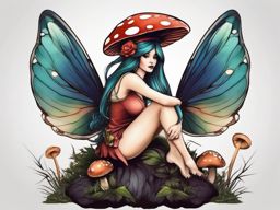 fairy sitting on mushroom tattoo  simple color tattoo style,white background