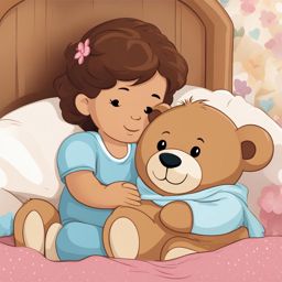 teddy bear clipart: snuggled with a child at bedtime. 