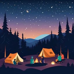 Camping Under the Stars Clipart - Campers under a starry night sky.  color vector clipart, minimal style