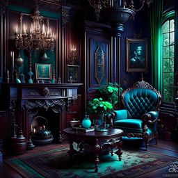 haunted mansion living room with antique furniture and ghostly apparitions. 