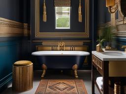 A small bathroom designed with Egyptian Revival interior design highlights rich colors, ornate fixtures, and decorative accents that transform the space into a chic and historical retreat.  