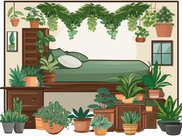 Bed clipart - bed surrounded by houseplants  