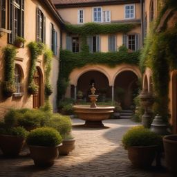 Old World European Courtyard - Capture the old-world elegance of a European courtyard garden. realistic, professional photography, bokeh, natural lighting, canon lens, shot on dslr 64 megapixels sharp focus