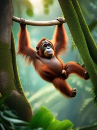 Cute Orangutan Swinging in a Jungle Canopy 8k, cinematic, vivid colors