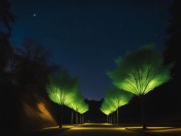 bioluminescent urban streetlights, powered by genetically engineered glowing trees. 