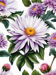 Aster flower tattoo, Tattoos inspired by the charming and delicate aster flower.  vivid colors, white background, tattoo design