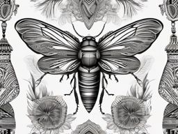 Cicada with tribal patterns design: Cultural symbolism etched in insect art.  black white tattoo, white background