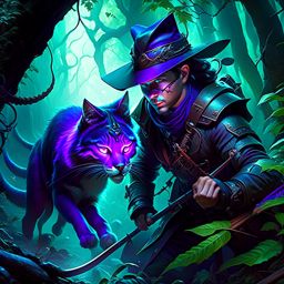 elven ranger, aric windrider, tracking a cunning displacer beast in the dark depths of the feywild. 
