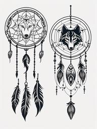 Tattoos of Dream Catchers with Wolves - Tattoos featuring dream catchers and wolf motifs.  simple vector tattoo,minimalist,white background