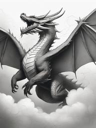 drawing of a full-body dragon soaring through clouds  minimal rough sketch scribbles,doodles,black and white