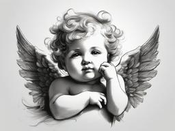 drawing of a cherub with angel wings  minimal rough sketch scribbles,doodles,black and white