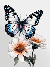 butterfly landing on flower tattoo  simple color tattoo,white background,minimal