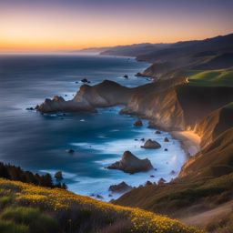 big sur coastline - craft a night scene of the rugged big sur coastline, where dramatic cliffs meet the pacific ocean, and the sound of crashing waves fills the air. 