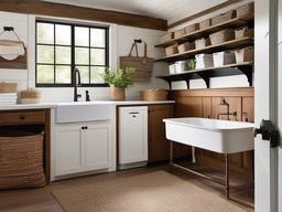 Farmhouse laundry room offers shiplap walls, a vintage-style sink, and rustic decor that create a warm and welcoming atmosphere for chores.  