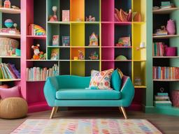 Candy Land reading nook incorporates bright, comfortable seating, whimsical decor, and colorful shelving, creating a cozy and imaginative space for reading.  