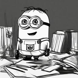 drawing of a minion in a movie scene  minimal rough sketch scribbles,doodles,black and white