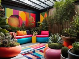 The greenhouse showcases Pop Art interior design with an array of colorful plants, bold decor, and playful accessories that create an inspiring environment for gardening and plant care.  