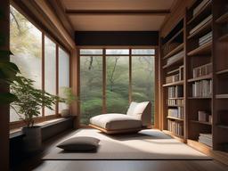 In the reading nook, Japanese Zen interior design highlights a cozy chair, soft textiles, and a calming atmosphere that create a perfect space for enjoying books and reflection.  