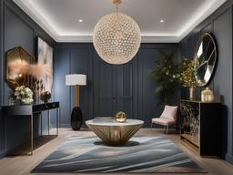 In the entryway, cosmic chic interior design showcases a star-patterned rug, a cosmic-themed console table, and a statement light fixture that welcomes guests into a celestial experience.  