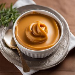 an individual serving of silky butterscotch pudding, with a rich and caramelized flavor. 