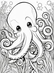 Octopus Coloring Pages - Octopus in a kelp forest with bubbles  simple coloring pages