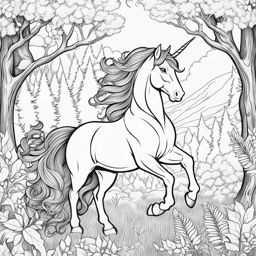 unicorn coloring pages - playful unicorn engaging in a spirited game of tag with forest creatures among sun-dappled trees. 