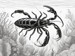 drawing of a scorpion in an underwater scene  minimal rough sketch scribbles,doodles,black and white