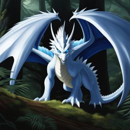 blue-eyes white dragon emerging from the shadows in a mysterious forest clearing. 