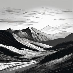 drawing of a mountain at sunrise  minimal rough sketch scribbles,doodles,black and white