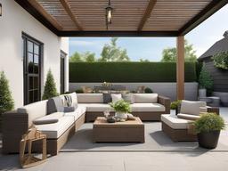 Transitional patio blends modern and traditional elements with a neutral palette, practical layouts, and comfortable seating for various outdoor activities.  