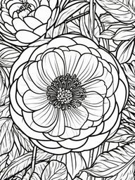 Ranunculus coloring page sheet - A ranunculus flower surrounded by lush greenery.  black outline printable coloring page