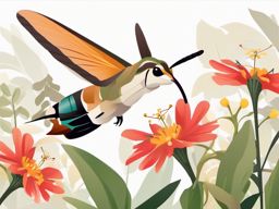 Hummingbird Moth Clip Art - A hummingbird moth hovering near flowers,  color vector clipart, minimal style