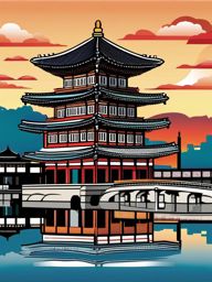 Seoul clipart - Gyeongbokgung Palace and Seoul skyline,  color vector clipart