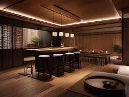 In the bar room, Japanese Zen interior design includes simple yet elegant furnishings, natural wood accents, and a calming ambiance that create a stylish environment for socializing.  