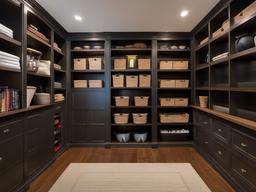 The storage room showcases traditional interior design with organized shelving, classic accents, and a functional layout that maximizes efficiency while adding character to the space.  