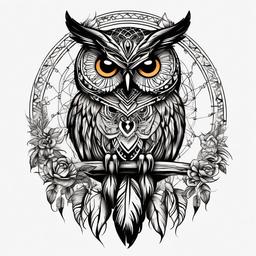 Dream Catcher Tattoo with Owl - Combine dreamcatcher elements with an owl in a stunning tattoo.  simple color tattoo,vector style,white background