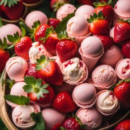 strawberry cheesecake ice cream shared at a summer wedding in a blooming garden. 