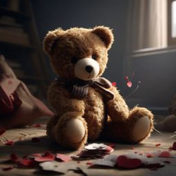 A discarded, torn teddy bear finds new purpose in stitching together broken hearts.  8k, hyper realistic, cinematic